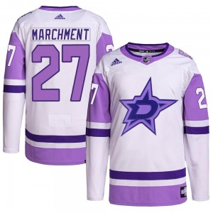 Adult Authentic Dallas Stars Mason Marchment White/Purple Hockey Fights Cancer Primegreen Official Adidas Jersey