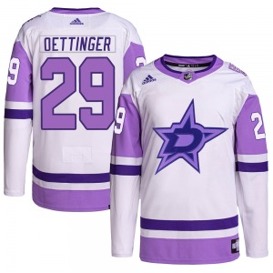 Adult Authentic Dallas Stars Jake Oettinger White/Purple Hockey Fights Cancer Primegreen Official Adidas Jersey