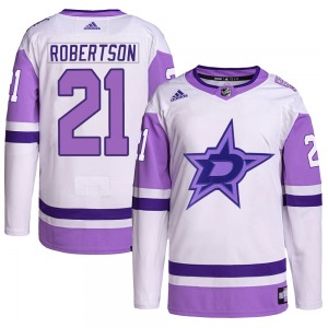 Adult Authentic Dallas Stars Jason Robertson White/Purple Hockey Fights Cancer Primegreen Official Adidas Jersey