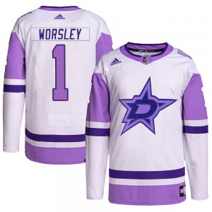 Adult Authentic Dallas Stars Gump Worsley White/Purple Hockey Fights Cancer Primegreen Official Adidas Jersey